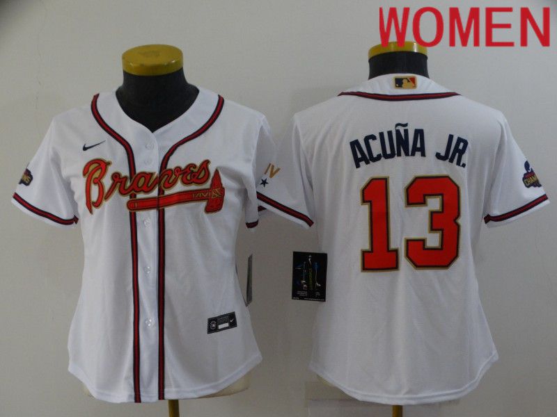 Women Atlanta Braves #13 Acuna jr White Gold Game Nike 2022 MLB Jersey